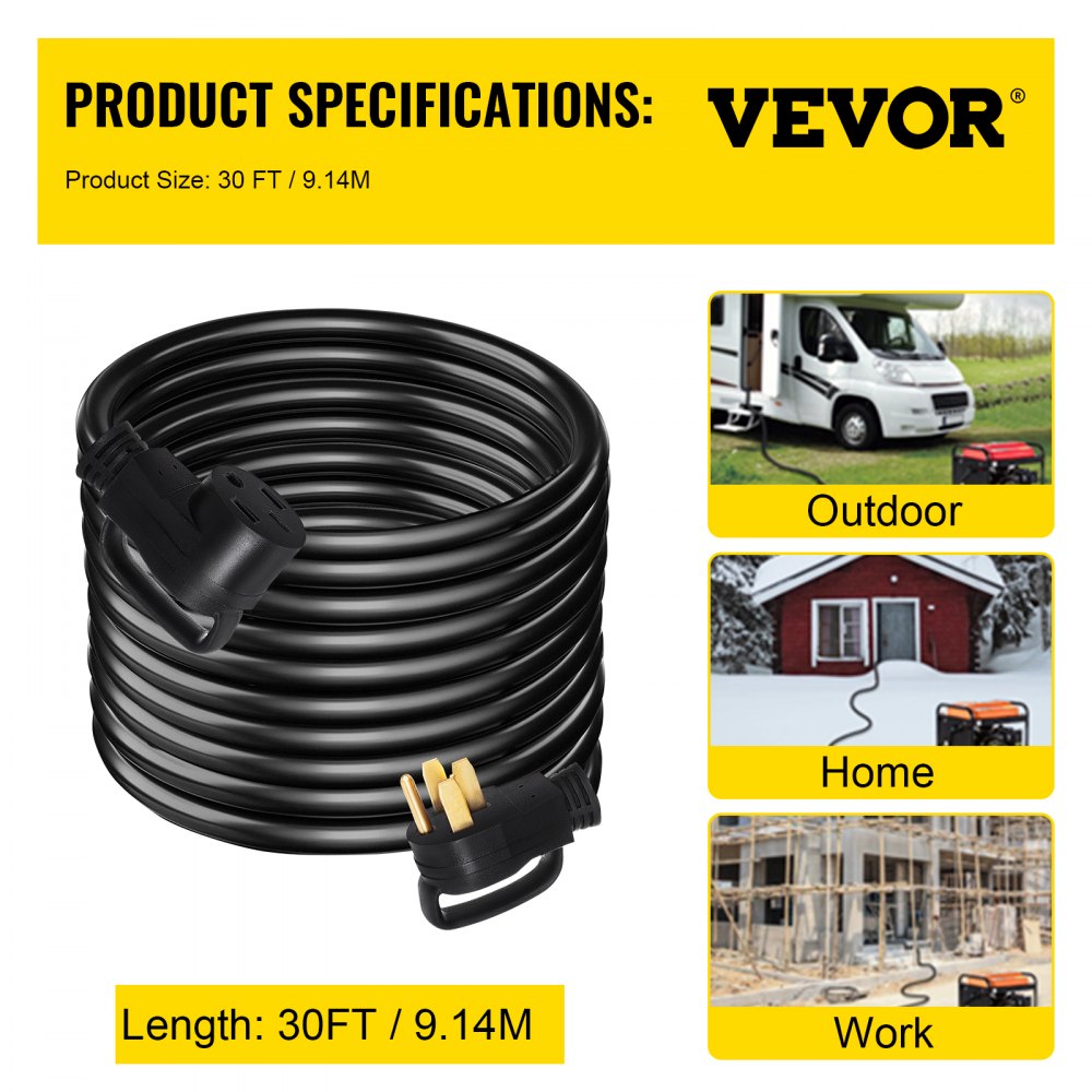 VEVOR Heavy Duty 30 ft 50 Amp RV Extension Cord Power Supply Cable w/Molded Connector&Handles 125 / 250V