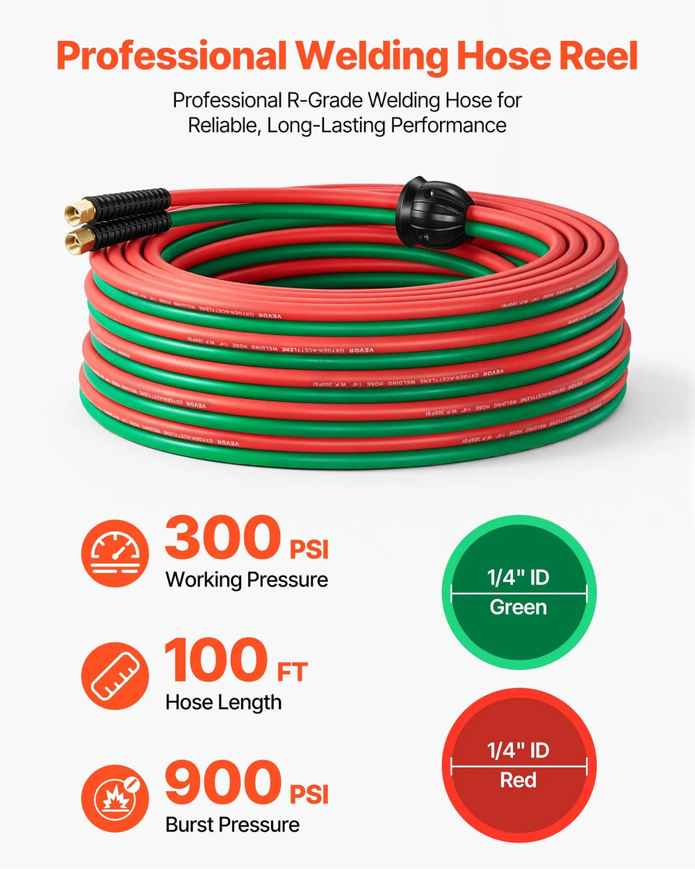 Professional welding hose reel - 300 PSI working pressure, 100 ft hose length, 900 PSI burst pressure