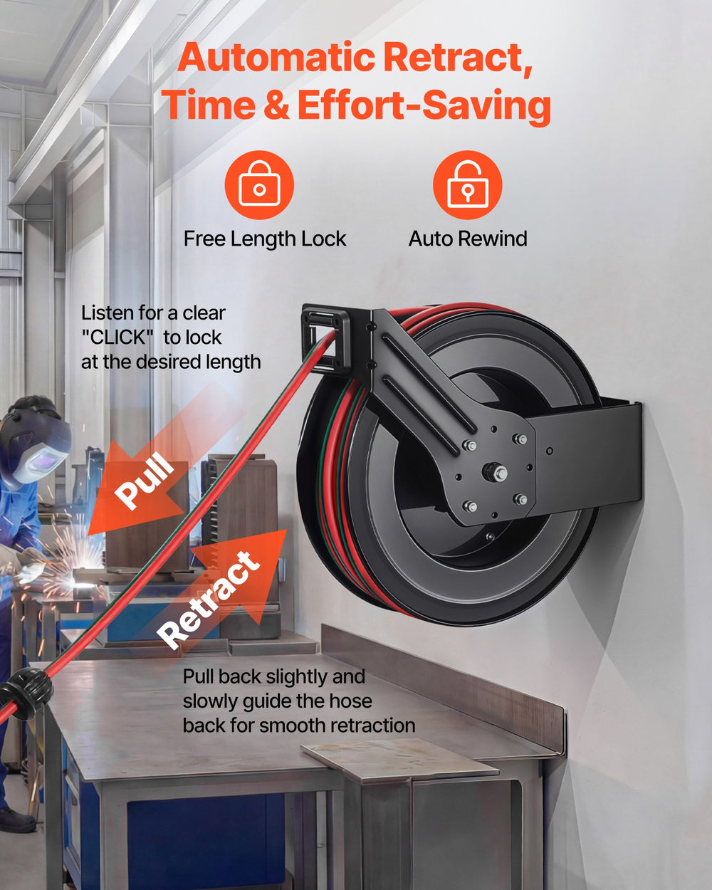 Automatic retract with free length lock and auto rewind (wall-mounted example)