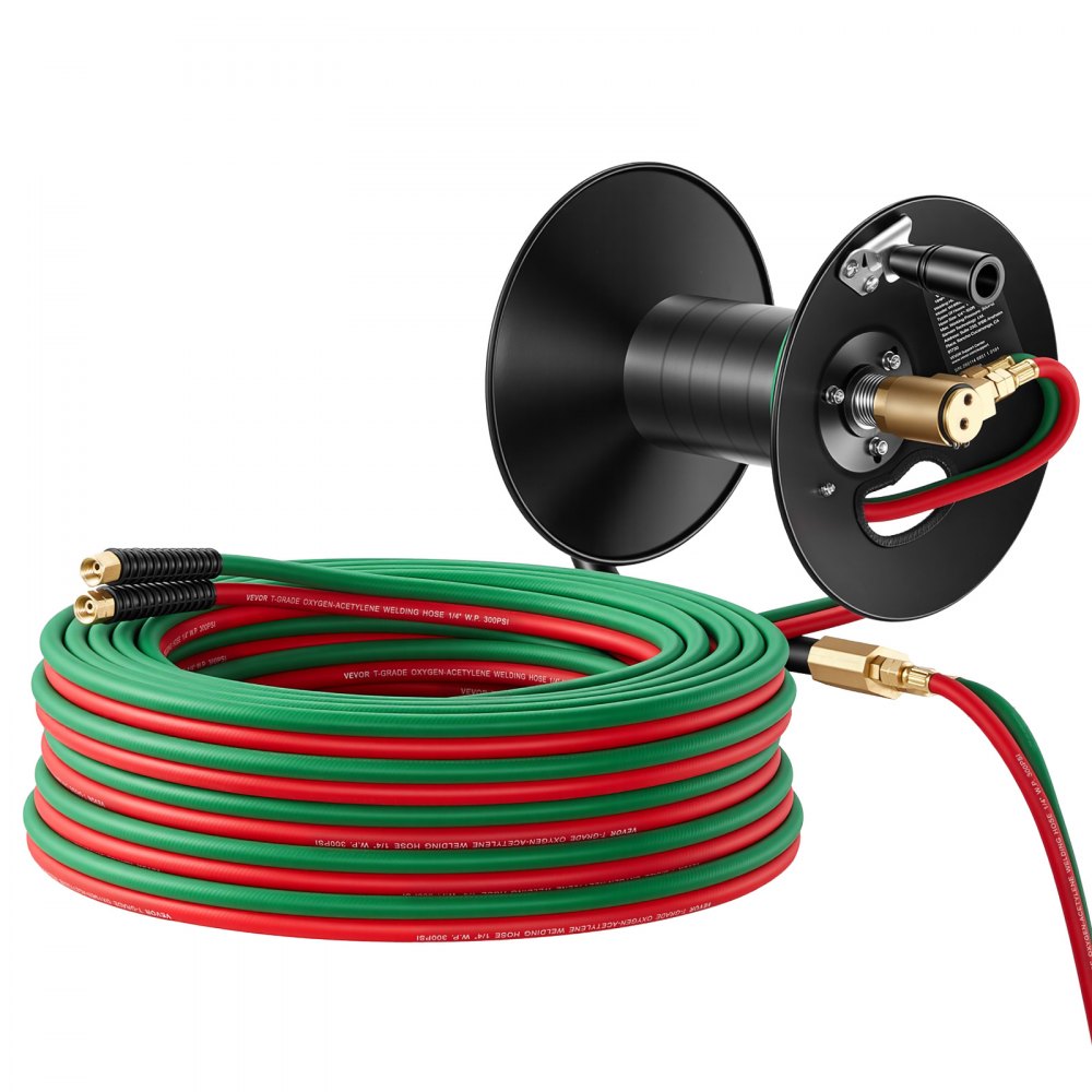 VEVOR Retractable Welding Hose Reel, Hand Crank Manual Rewind Hose Reel with 1/4 Inch x 100FT Twin Oxygen Acetylene Rubber Hose Max 300PSI - T Grade, Ceiling/Wall Mount Steel Reel for Workshop Garages