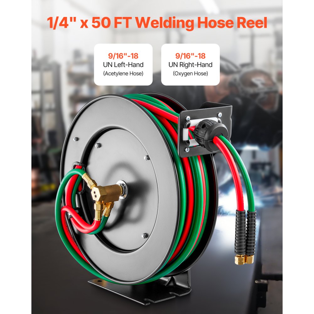 VEVOR Retractable Welding Hose Reel, 1/4-Inch x 50FT Twin Oxygen Acetylene Rubber Hose Max 300PSI - T Grade, Ceiling/Wall Mount Heavy Duty Steel Hose Reel Auto-Rewind, Ideal for Workshops Garages