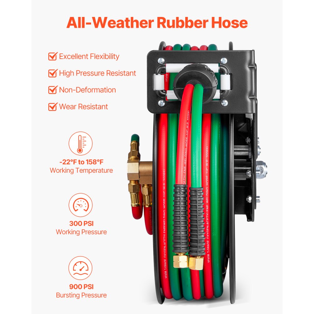 VEVOR Retractable Welding Hose Reel, 1/4-Inch x 50FT Twin Oxygen Acetylene Rubber Hose Max 300PSI - T Grade, Ceiling/Wall Mount Heavy Duty Steel Hose Reel Auto-Rewind, Ideal for Workshops Garages