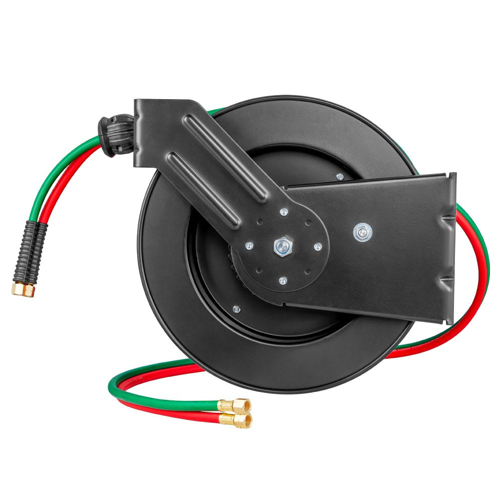 VEVOR Retractable Welding Hose Reel, 1/4-Inch x 50FT Twin Oxygen Acetylene Rubber Hose Max 300PSI - T Grade, Ceiling/Wall Mount Heavy Duty Steel Hose Reel Auto-Rewind, Ideal for Workshops Garages