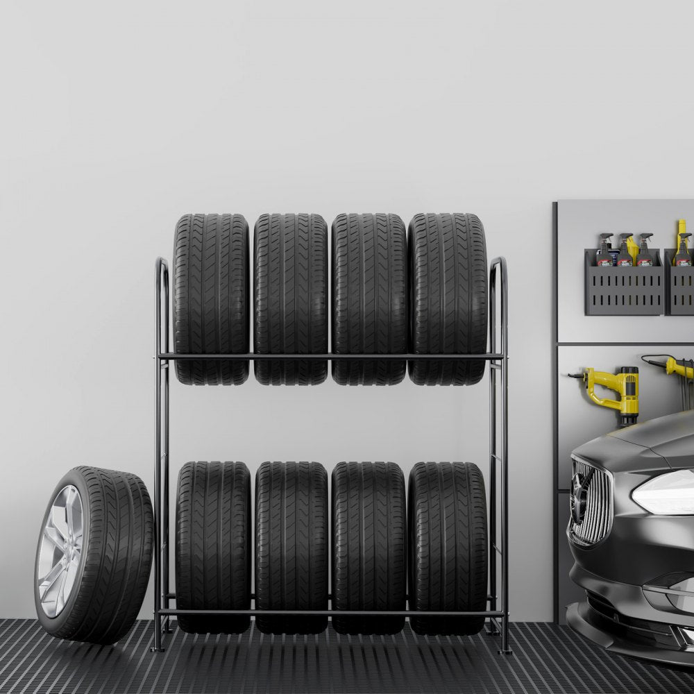 VEVOR Tire Storage Rack, 2-Shelf Tire Stand Holds up to 8 Standard Tires, Q195 Heavy-Duty Steel Tire Holder Carrier with Adjustable Height & Protective Cover for Garage Workshop, 396LBS Loading