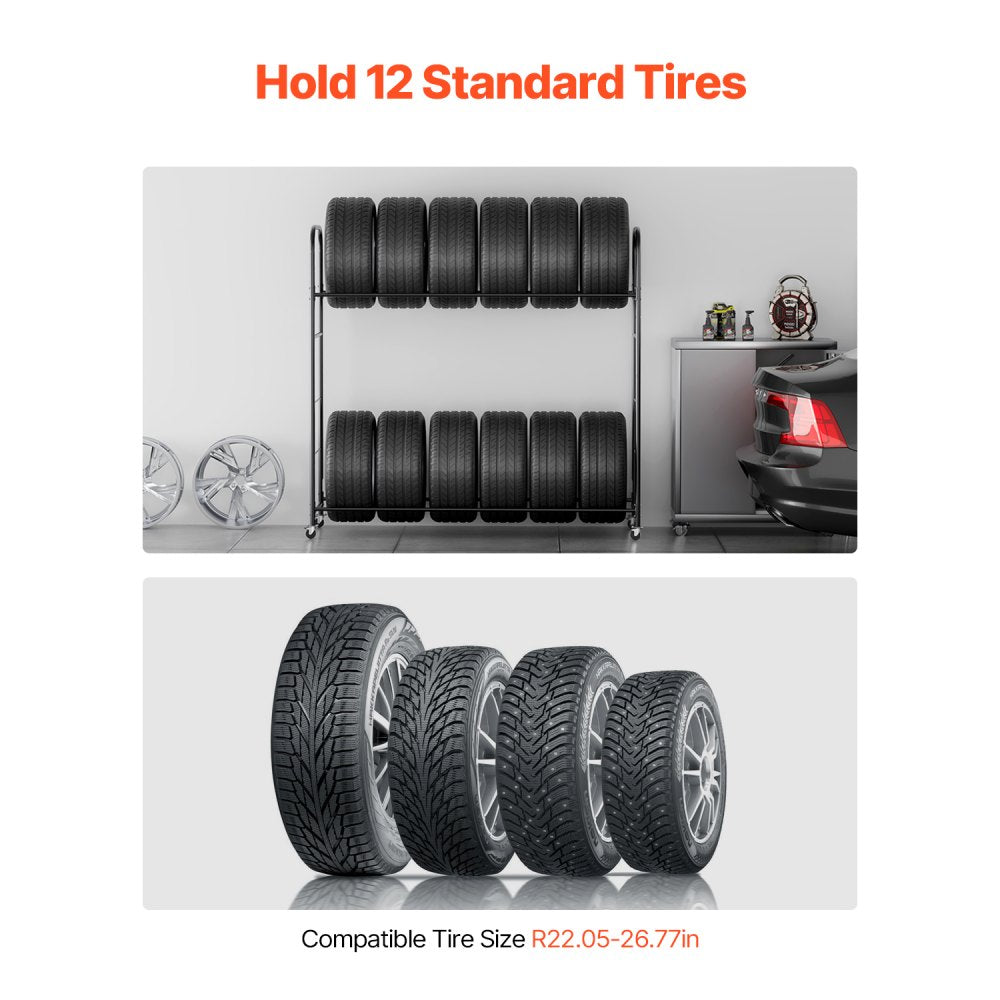 VEVOR Rolling Tire Storage Rack, 2-Shelf Tire Holder and Transport Trailer for Garage, Heavy-Duty Steel Tire Storage Cart with Wheel, Adjustable Height & Protective Cover, Hold up to 12 Standard Tires