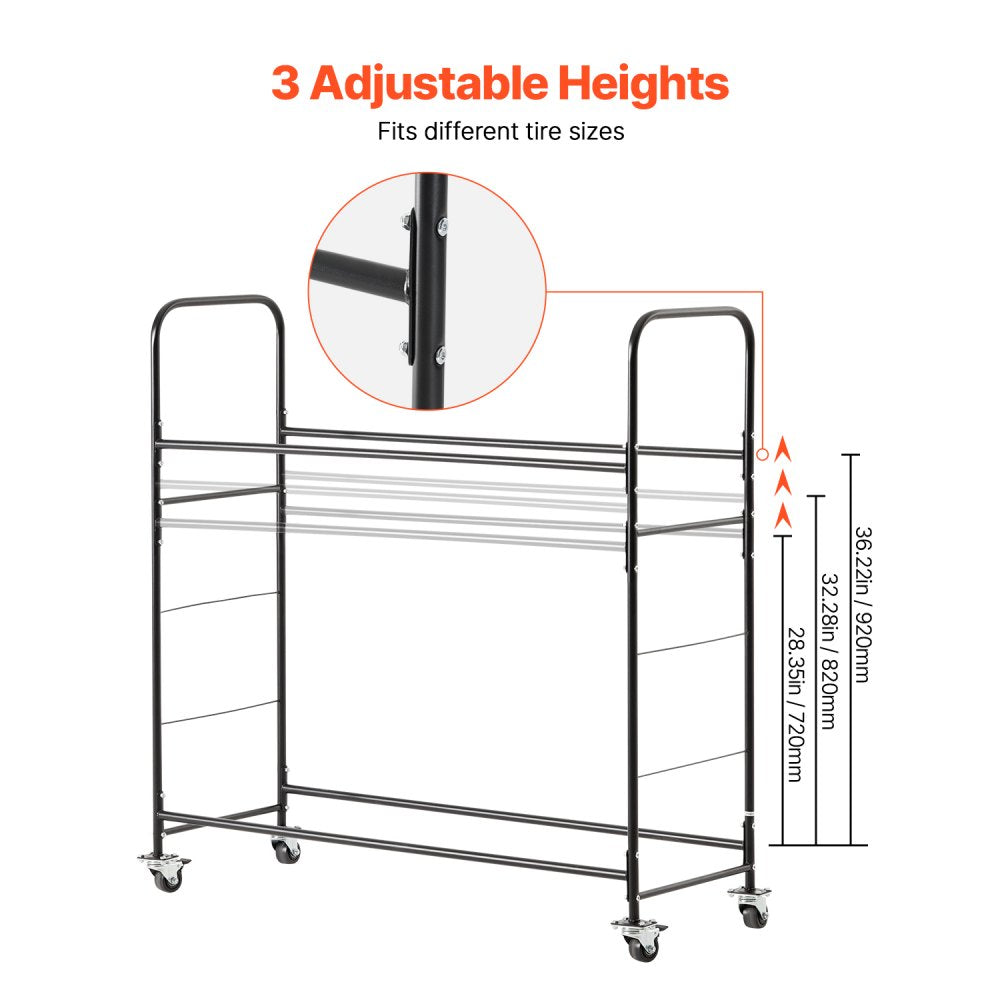 VEVOR Rolling Tire Storage Rack, 2-Shelf Tire Holder and Transport Trailer for Garage, Heavy-Duty Steel Tire Storage Cart with Wheel, Adjustable Height & Protective Cover, Hold up to 12 Standard Tires