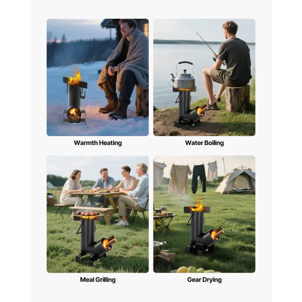 VEVOR Camping Rocket Stove, Wood Burning Portable Rocket Stove with Carrying Bag for Backpacking, Carbon Steel, Burn Wood, Twigs or Sticks for Outdoor Cooking, Backyard, Camp Cooking, Heating, Black