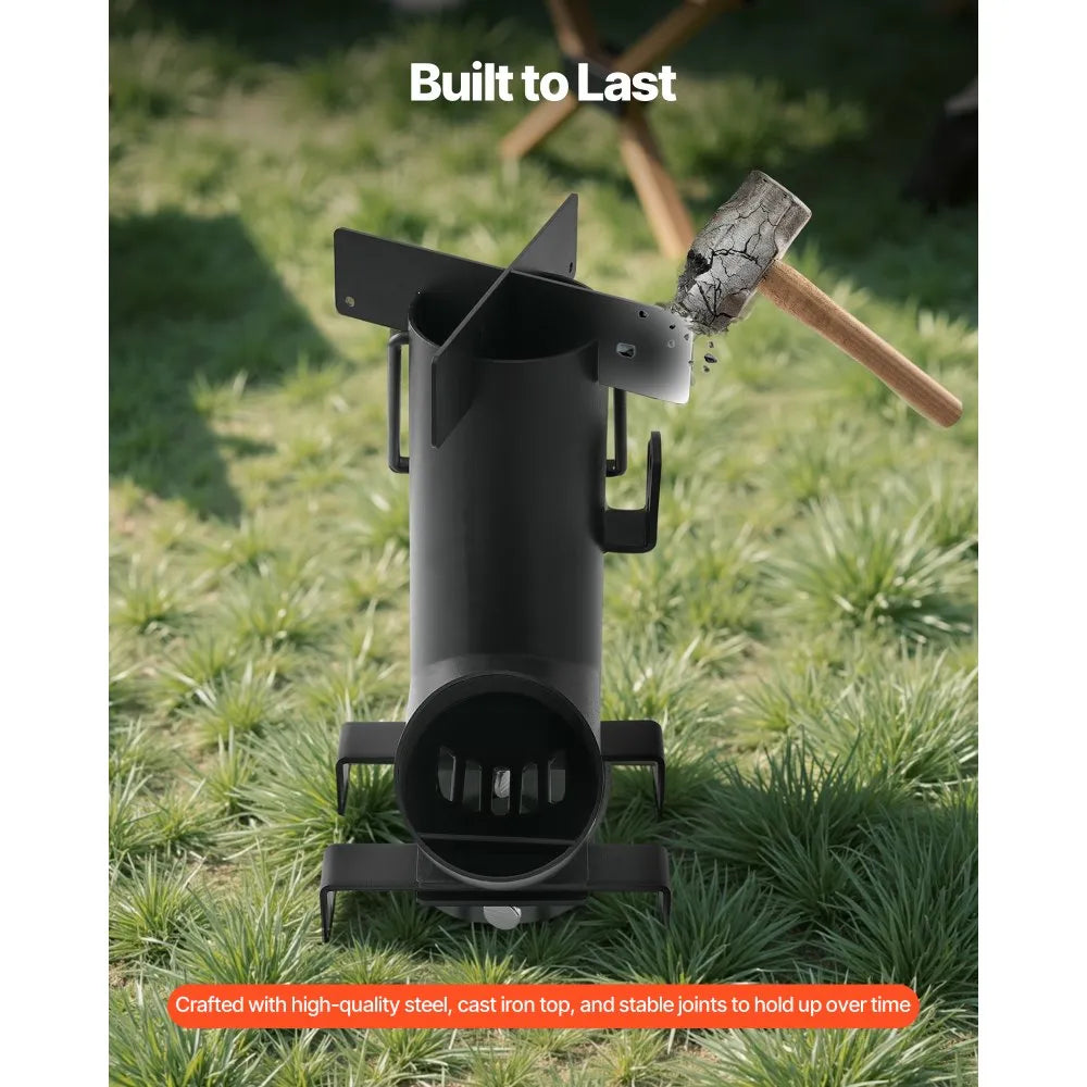 VEVOR Camping Rocket Stove, Wood Burning Portable Rocket Stove with Carrying Bag for Backpacking, Carbon Steel, Burn Wood, Twigs or Sticks for Outdoor Cooking, Backyard, Camp Cooking, Heating, Black