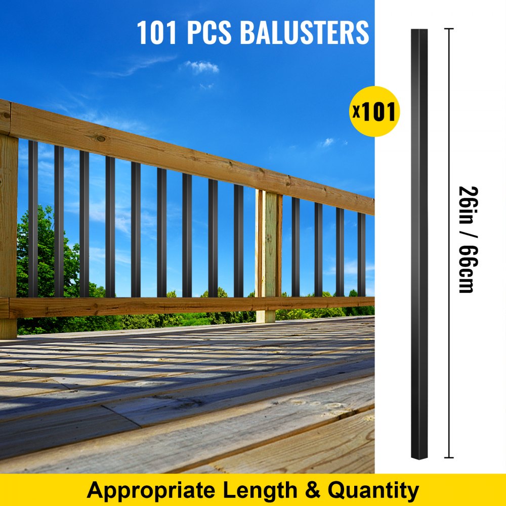 VEVOR Deck Balusters, 101 Pack Metal Deck Spindles, 26\"x0.75\" Staircase Baluster with Screws, Aluminum Alloy Deck Railing for Wood and Composite Deck, Square Baluster for Outdoor Stair Deck Porch