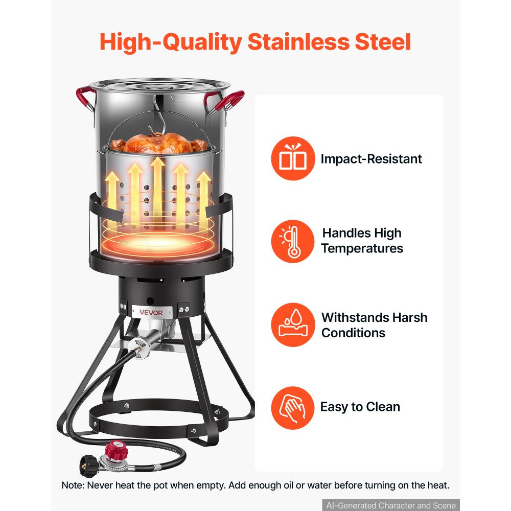 VEVOR 30 QT Turkey Fryer Set and Seafood Boiler Stainless Steel Frying Pot, Outdoor Cooker for Crawfish, Crab, Shrimp, Lobster, Complete Deep Cooking Kit with Basket, Stand, 54,000 BTU Propane Burner
