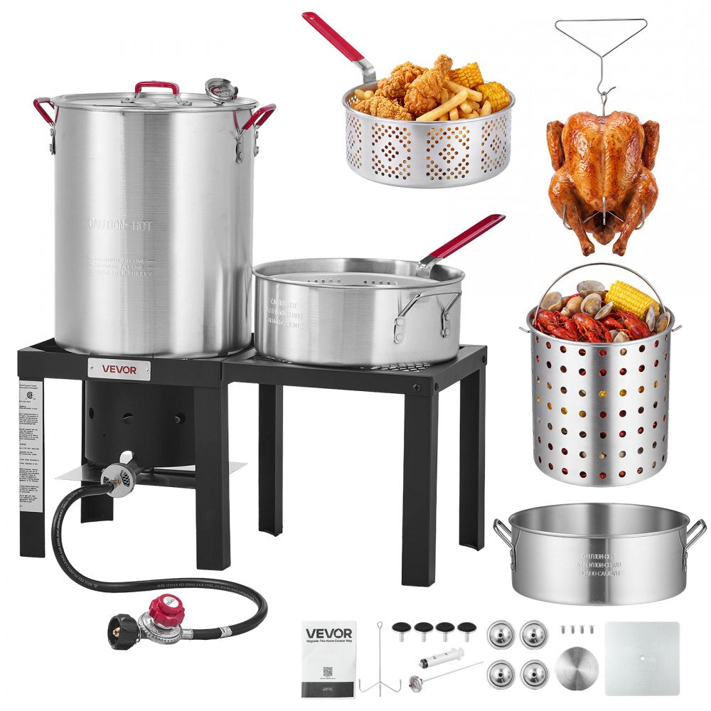 VEVOR 30 Qt. Turkey and 10 Qt. Fish Fryer Seafood Deep Boiler Aluminum, Outdoor Cooker for Crawfish, Crab, Lobster, Complete Steamer Kit with Basket, Side Table, Stand, 54,000 BTU Propane Burner