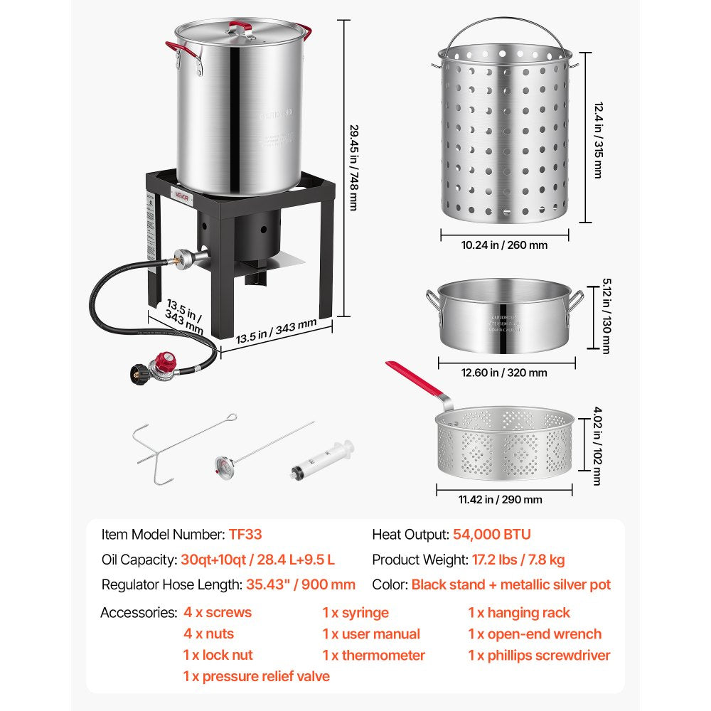 VEVOR 30 Qt. Turkey and 10 Qt. Fish Fryer Seafood Deep Boiler Aluminum, Outdoor Cooker for Crawfish, Crab, Shrimp, Lobster, Complete Steamer Kit with Basket, Stand, and 54,000 BTU Propane Burner