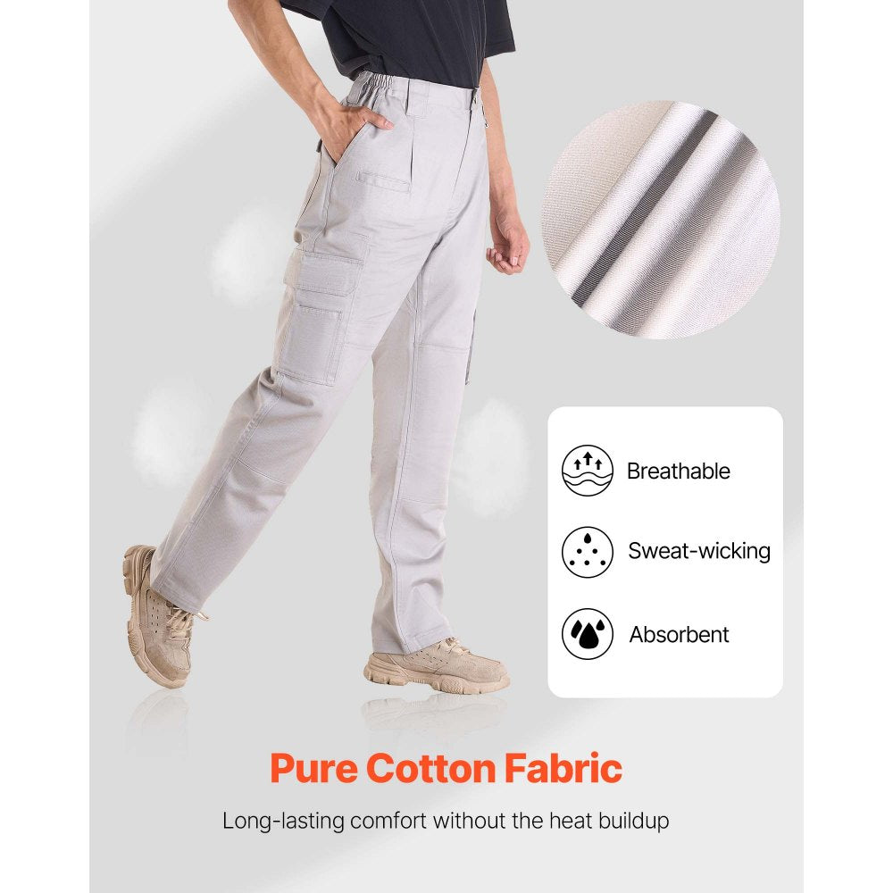 VEVOR FR Pants for Men, 9 oz 100% Cotton, Flame-Resistant Cargo Pants with Multi-Pockets and Elastic Waist, Reinforced Tear-proof Stitching, Ideal for Welding Work and Casual Wear, M Size, Gray