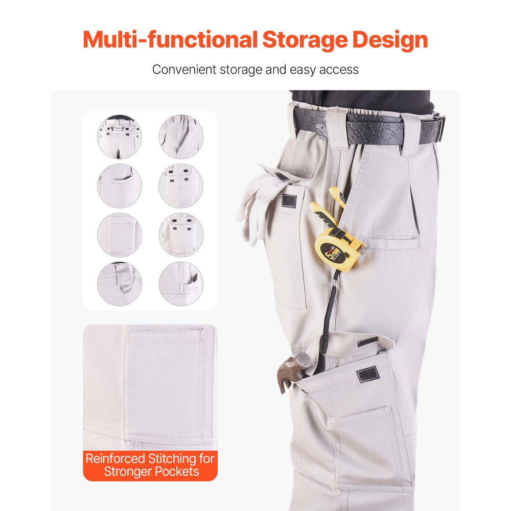VEVOR FR Pants for Men, 9 oz 100% Cotton, Flame-Resistant Cargo Pants with Multi-Pockets and Elastic Waist, Reinforced Tear-proof Stitching, Ideal for Welding Work and Casual Wear, M Size, Gray
