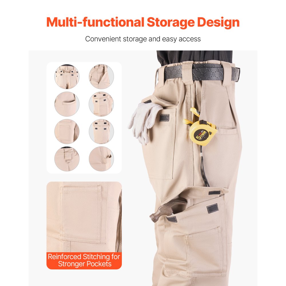 VEVOR FR Pants for Men, 9 oz 100% Cotton, Flame-Resistant Cargo Pants with Multi-Pockets and Elastic Waist, Reinforced Tear-proof Stitching, Ideal for Welding Work and Casual Wear, L Size, Khaki