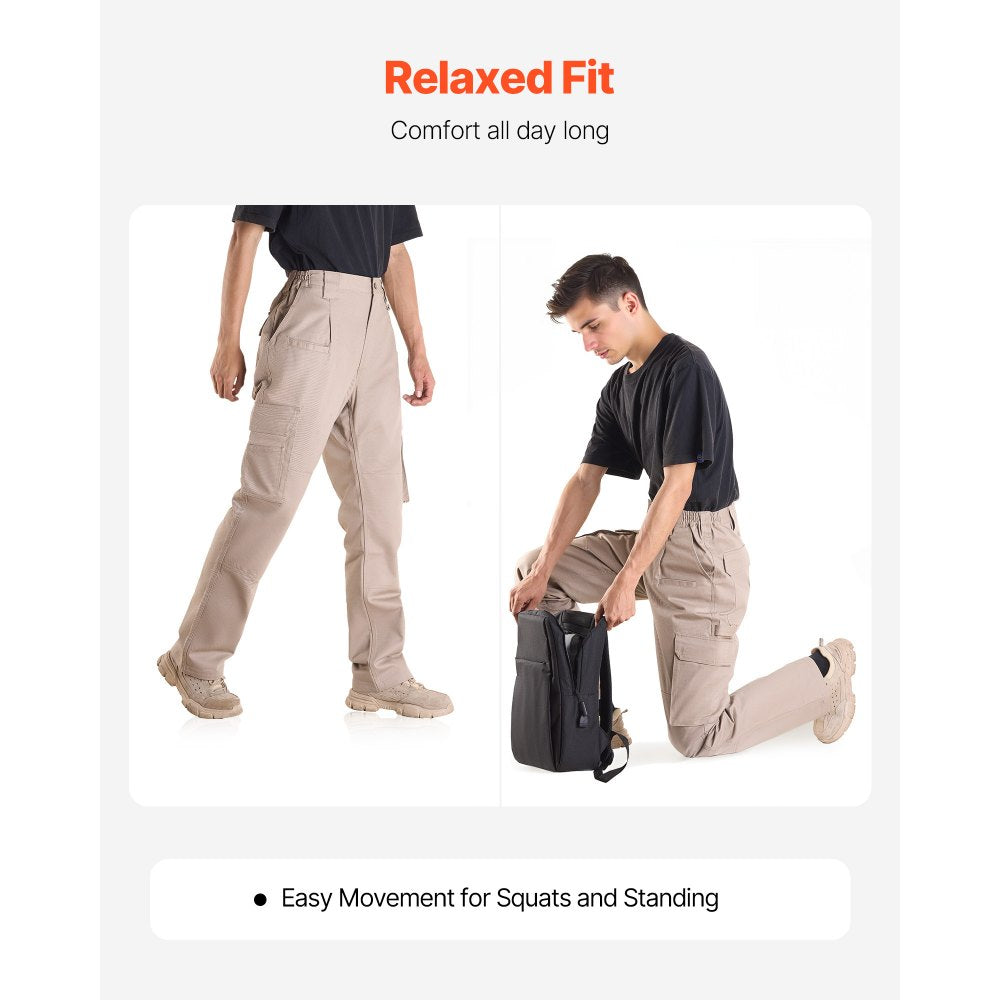 VEVOR FR Pants for Men, 9 oz 100% Cotton, Flame-Resistant Cargo Pants with Multi-Pockets and Elastic Waist, Reinforced Tear-proof Stitching, Ideal for Welding Work and Casual Wear, M Size, Khaki