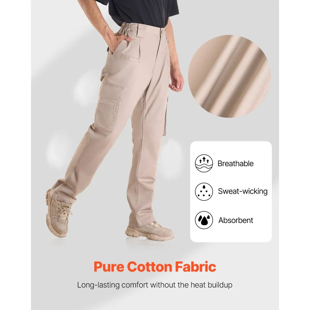 VEVOR FR Pants for Men, 9 oz 100% Cotton, Flame-Resistant Cargo Pants with Multi-Pockets and Elastic Waist, Reinforced Tear-proof Stitching, Ideal for Welding Work and Casual Wear, XL Size, Khaki