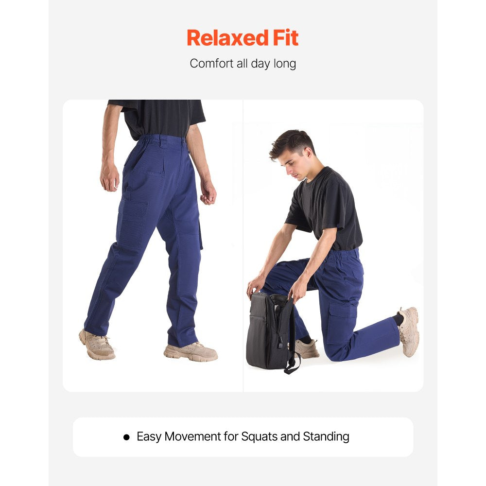 VEVOR FR Pants for Men, 9 oz 100% Cotton, Flame-Resistant Cargo Pants with Multi-Pockets and Elastic Waist, Reinforced Tear-proof Stitching, Ideal for Welding Work and Casual Wear, L Size, Dark Blue
