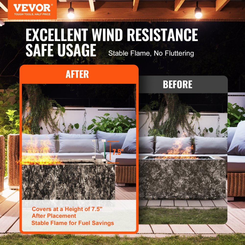 VEVOR Glass Wind Guard for Rectangular Fire Pit Table 30 x 14 x 7.5 Inch, 0.31 inch Thick and Sturdy Tempered Glass Panel with Hard Aluminum Corner Bracket & Rubber Feet, Easy to Assemble