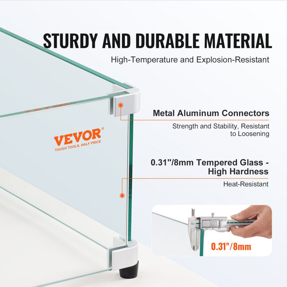 VEVOR Glass Wind Guard for Rectangular Fire Pit Table 30 x 14 x 7.5 Inch, 0.31 inch Thick and Sturdy Tempered Glass Panel with Hard Aluminum Corner Bracket & Rubber Feet, Easy to Assemble