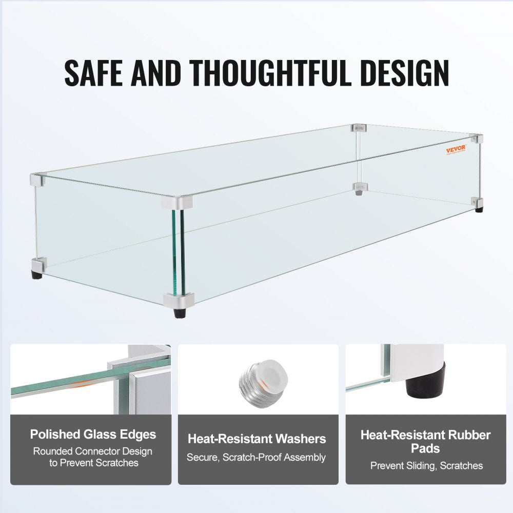 VEVOR Glass Wind Guard for Rectangular Fire Pit Table 30 x 14 x 7.5 Inch, 0.31 inch Thick and Sturdy Tempered Glass Panel with Hard Aluminum Corner Bracket & Rubber Feet, Easy to Assemble