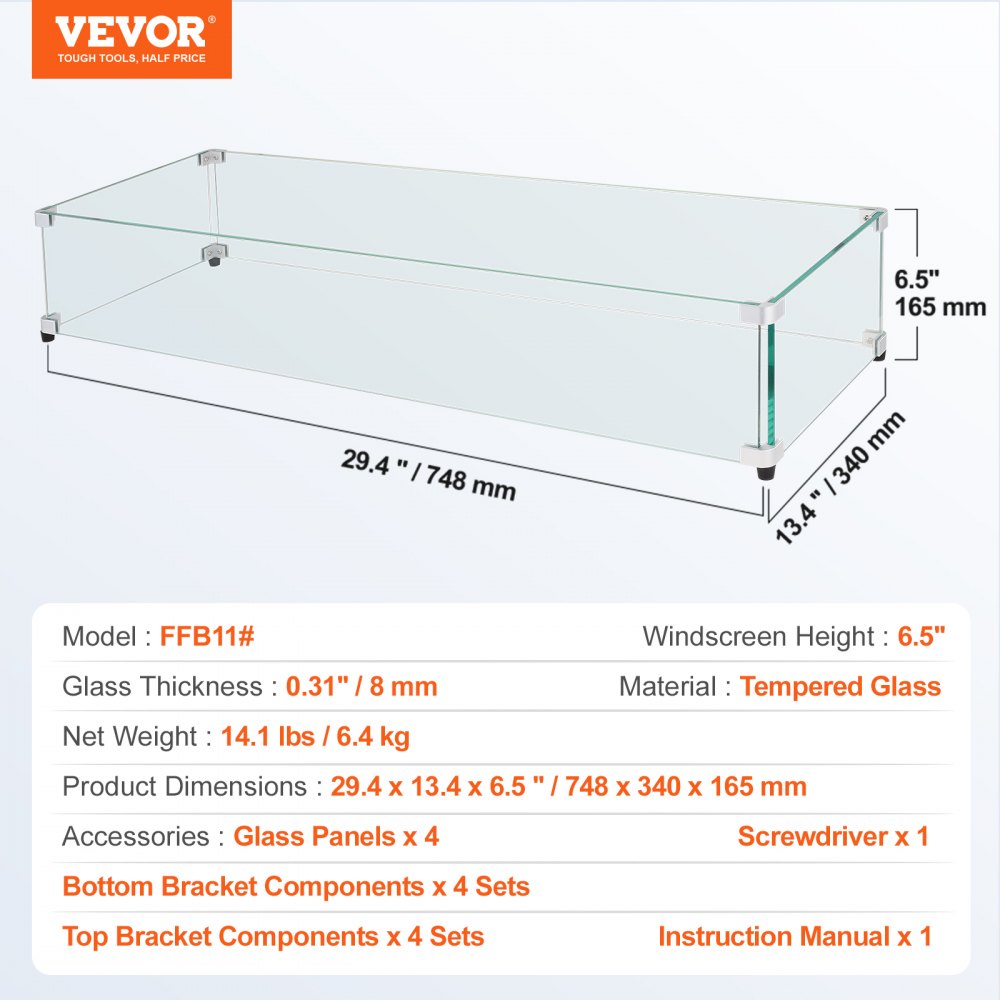 VEVOR Glass Wind Guard for Rectangular Fire Pit Table 29 x 13 x 6.5 Inch, 0.31 inch Thick and Sturdy Tempered Glass Panel with Hard Aluminum Corner Bracket & Rubber Feet, Easy to Assemble