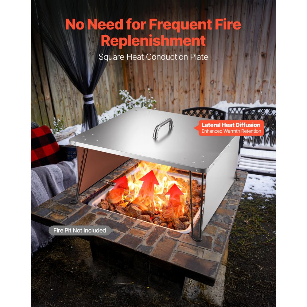 VEVOR Fire Pit Heat Deflector, 25.4x25.4x14.6 inch Square Outdoor Burner Cover, Stainless Steel Bonfire Camping Wood Burning, Push Heat Down and Out with 4 Foldable Legs & Carrying Handle