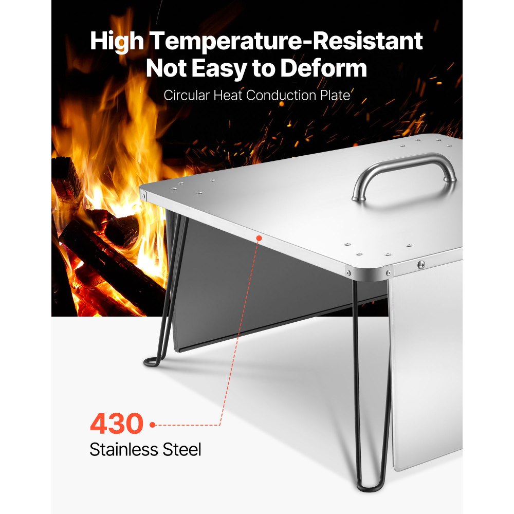 VEVOR Fire Pit Heat Deflector, 25.4x25.4x14.6 inch Square Outdoor Burner Cover, Stainless Steel Bonfire Camping Wood Burning, Push Heat Down and Out with 4 Foldable Legs & Carrying Handle