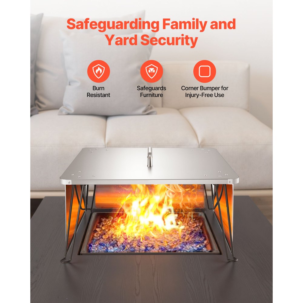 VEVOR Fire Pit Heat Deflector, 25.4x25.4x14.6 inch Square Outdoor Burner Cover, Stainless Steel Bonfire Camping Wood Burning, Push Heat Down and Out with 4 Foldable Legs & Carrying Handle
