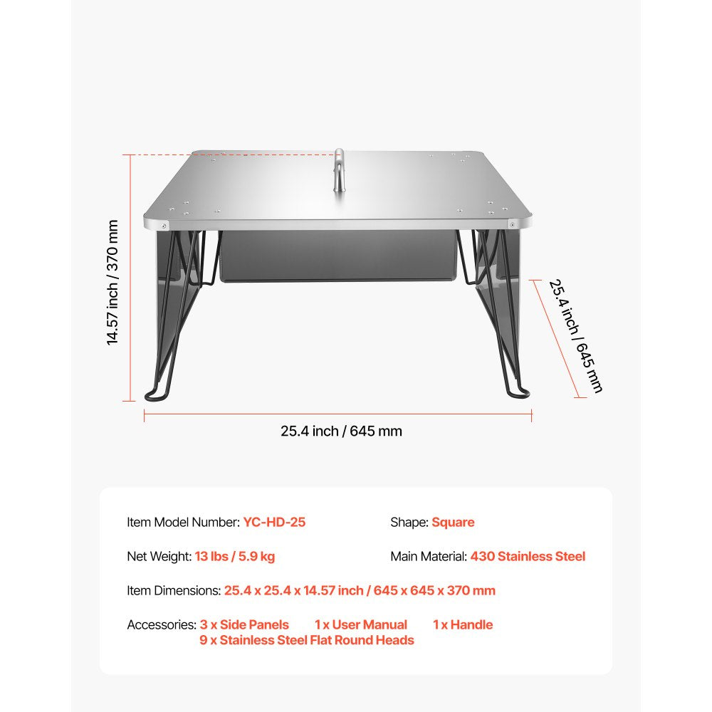 VEVOR Fire Pit Heat Deflector, 25.4x25.4x14.6 inch Square Outdoor Burner Cover, Stainless Steel Bonfire Camping Wood Burning, Push Heat Down and Out with 4 Foldable Legs & Carrying Handle