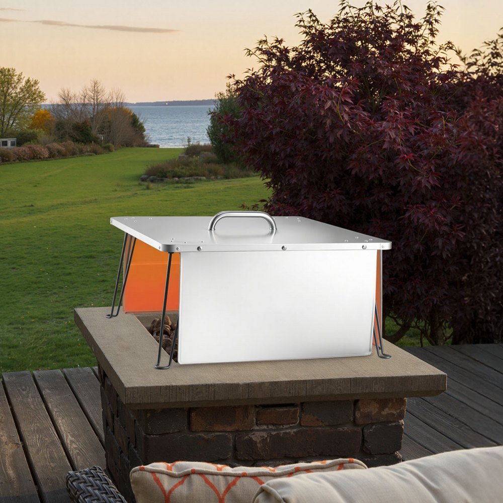 VEVOR Fire Pit Heat Deflector, 25.4x25.4x14.6 inch Square Outdoor Burner Cover, Stainless Steel Bonfire Camping Wood Burning, Push Heat Down and Out with 4 Foldable Legs & Carrying Handle