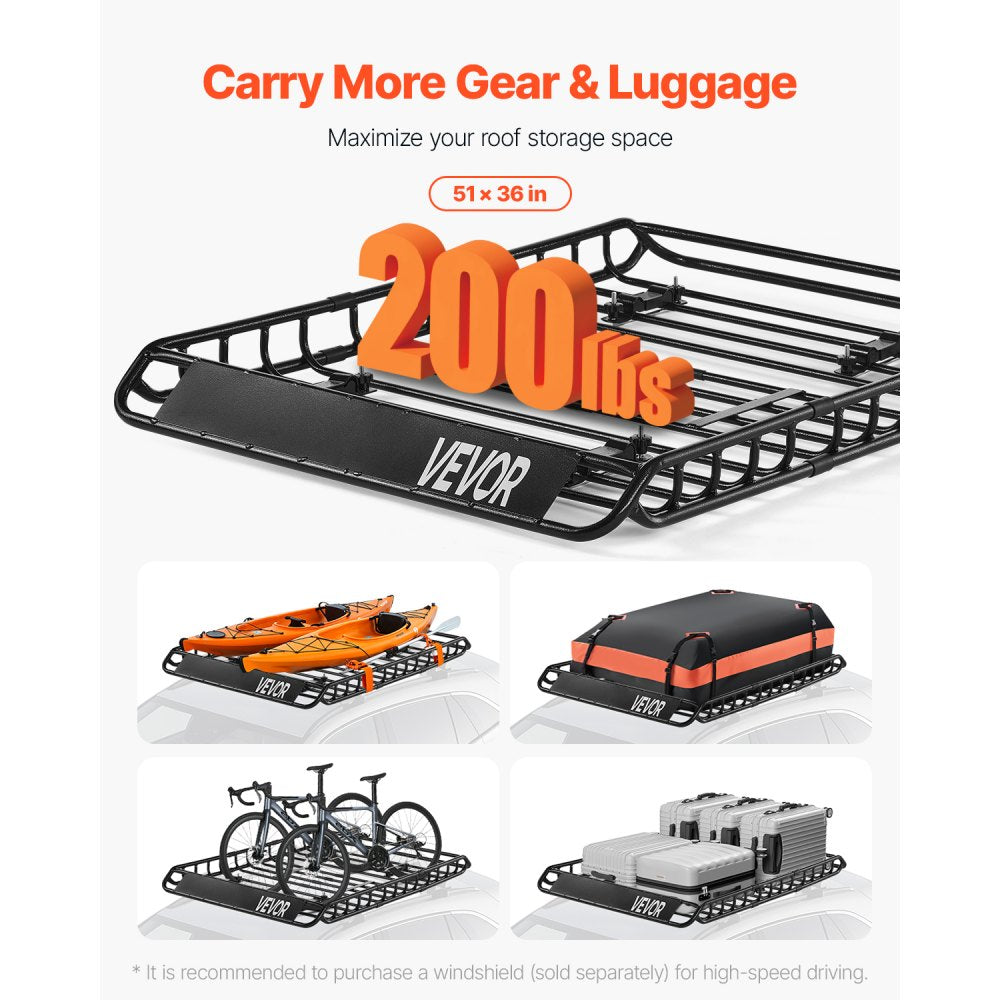 VEVOR Roof Rack Basket, 51 x 36 x 4.1 in, Universal Rooftop Cargo Carrier with 1120 x 870 x 260 mm Cargo Bag, Net, Ratchet Straps, 200 lbs Max Load Capacity Car Top Luggage Holder, for SUV Truck Car