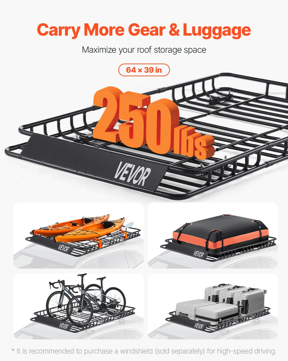 VEVOR Roof Rack Basket, 64 x 39 x 4.1 in, Universal Rooftop Cargo Carrier with 44.1 x 34.3 x 10.2 in Cargo Bag, Net, Ratchet Straps, 250 lbs Max Load Capacity Car Top Luggage Holder, for SUV Truck Car