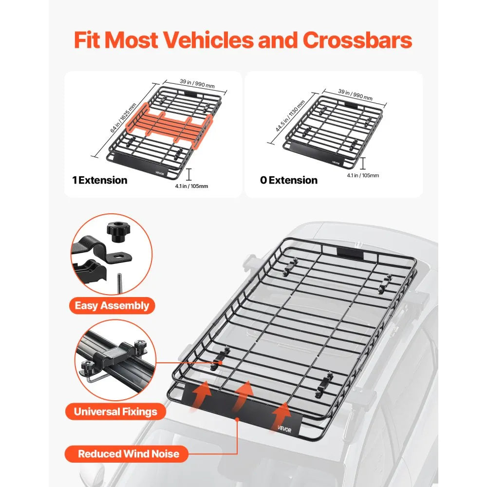 VEVOR Roof Rack Basket, 64 x 39 x 4.1 in, Universal Rooftop Cargo Carrier with 44.1 x 34.3 x 10.2 in Cargo Bag, Net, Ratchet Straps, 250 lbs Max Load Capacity Car Top Luggage Holder, for SUV Truck Car
