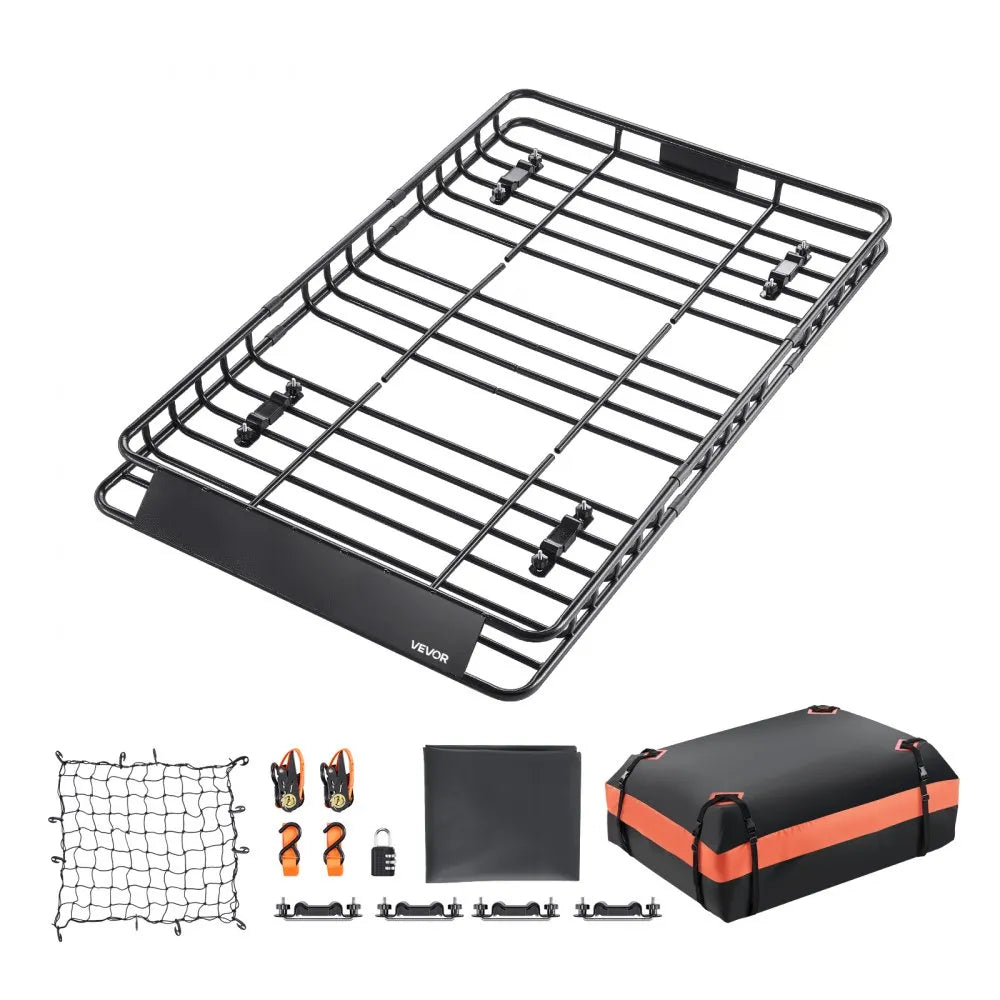 VEVOR Roof Rack Basket, 64 x 39 x 4.1 in, Universal Rooftop Cargo Carrier with 44.1 x 34.3 x 10.2 in Cargo Bag, Net, Ratchet Straps, 250 lbs Max Load Capacity Car Top Luggage Holder, for SUV Truck Car