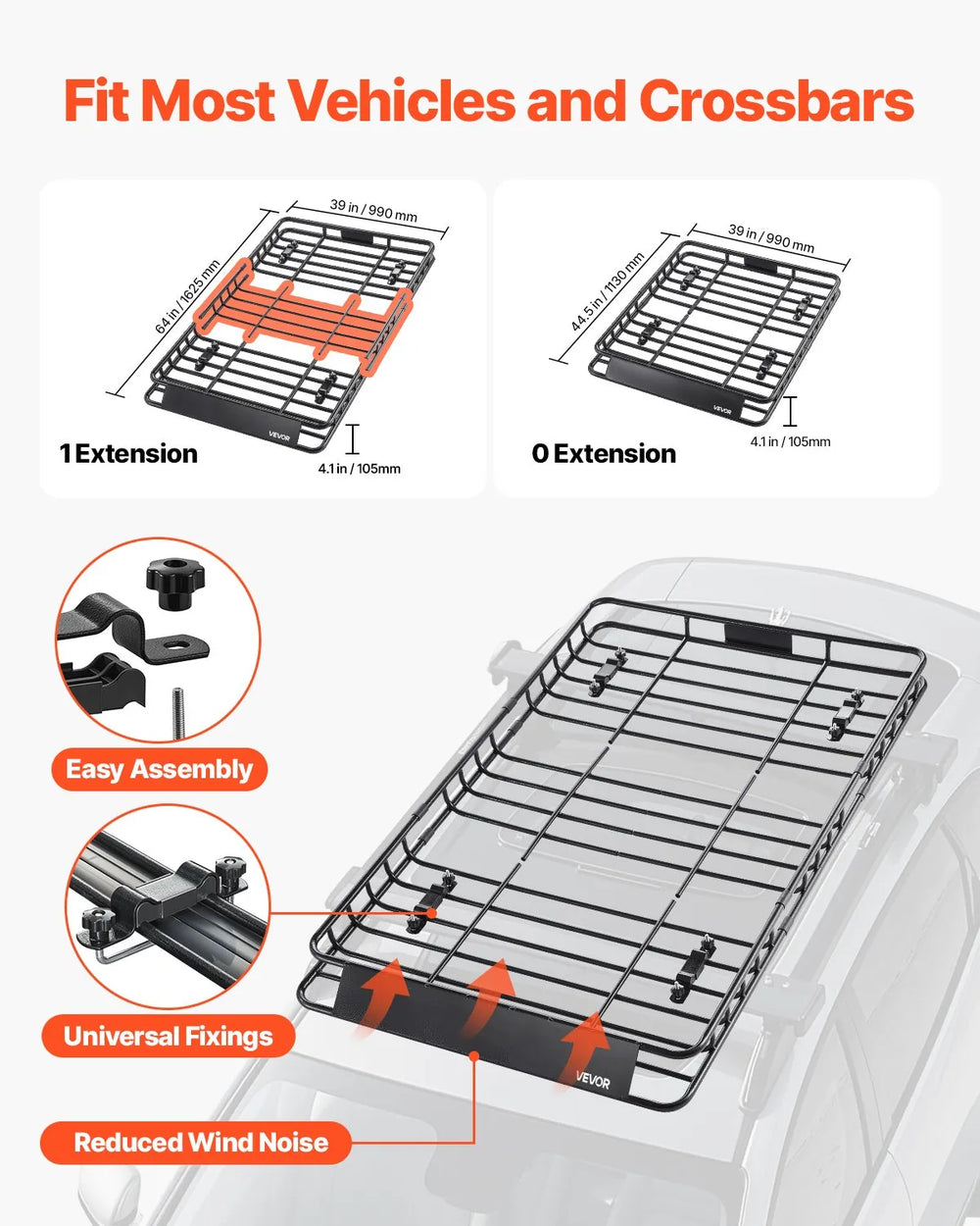 VEVOR Roof Rack Basket, 64 x 39 x 4.1 in, Universal Rooftop Cargo Carrier with 44.1 x 34.3 x 10.2 in Cargo Bag, Net, Ratchet Straps, 250 lbs Max Load Capacity Car Top Luggage Holder, for SUV Truck Car