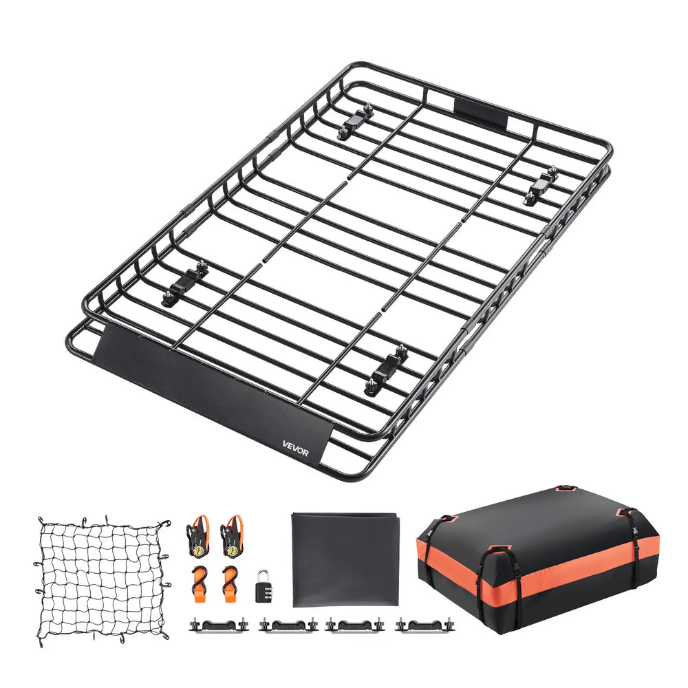 VEVOR Roof Rack Basket, 64 x 39 x 4.1 in, Universal Rooftop Cargo Carrier with 44.1 x 34.3 x 10.2 in Cargo Bag, Net, Ratchet Straps, 250 lbs Max Load Capacity Car Top Luggage Holder, for SUV Truck Car