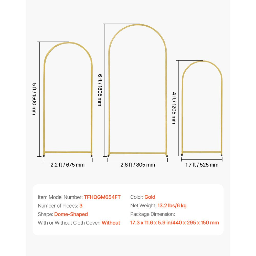 VEVOR Wedding Arch Backdrop Stand, Set of 3, Metal Stable Stand with Case Connection & Chassis Crossbar Design, Easy-to-Assemble Gold Stand with Premium Metal, Fit for Birthday, Celebration, Holiday