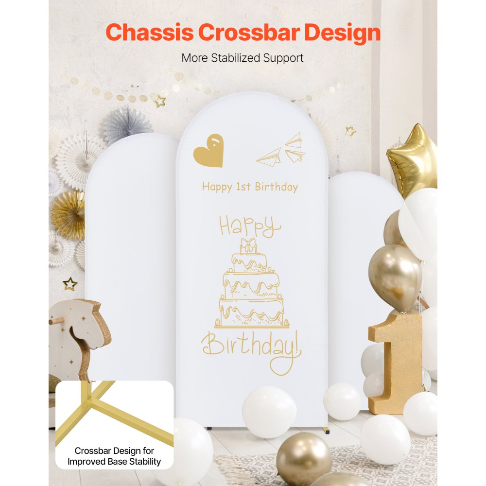 VEVOR Wedding Arch Backdrop Stand, Set of 3, Metal Stable Stand with Case Connection & Chassis Crossbar Design, Easy-to-Assemble Gold Stand with Premium Gauze, Fit for Birthday, Celebration, Holiday