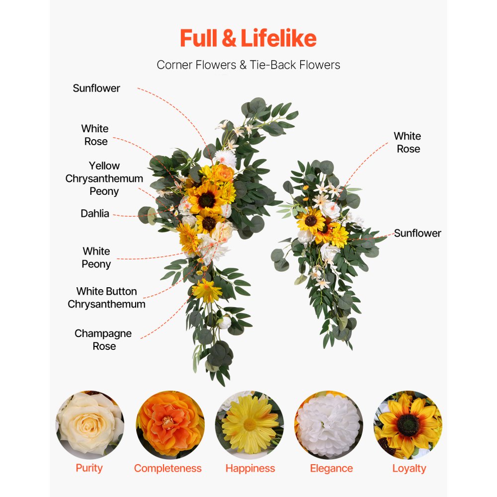 VEVOR Artificial Wedding Arch Flowers Kit, Yellow Wedding Arch Flowers with Drapes Kit (Pack of 3) - 2 Pcs Floral Arrangement, 1 Pcs Sheer Drapes, for Ceremony Bouquets Reception Backdrop Decoration