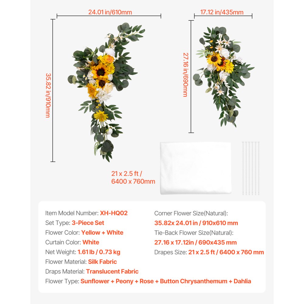 VEVOR Artificial Wedding Arch Flowers Kit, Yellow Wedding Arch Flowers with Drapes Kit (Pack of 3) - 2 Pcs Floral Arrangement, 1 Pcs Sheer Drapes, for Ceremony Bouquets Reception Backdrop Decoration