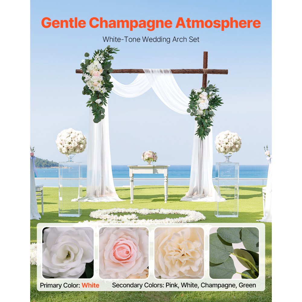 VEVOR Artificial Wedding Arch Flowers Kit, White Wedding Arch Flowers with Drapes Kit (Pack of 4) - 2 Pcs Floral Arrangement, 2 Pcs Sheer Drapes, for Ceremony Bouquets Reception Backdrop Decoration