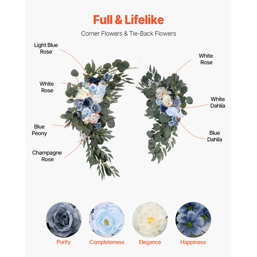 VEVOR Artificial Wedding Arch Flowers Kit, Blue Wedding Arch Flowers with Drapes Kit (Pack of 4) - 2 Pcs Floral Arrangement, 2 Pcs Sheer Drapes, for Ceremony Bouquets Reception Backdrop Decoration