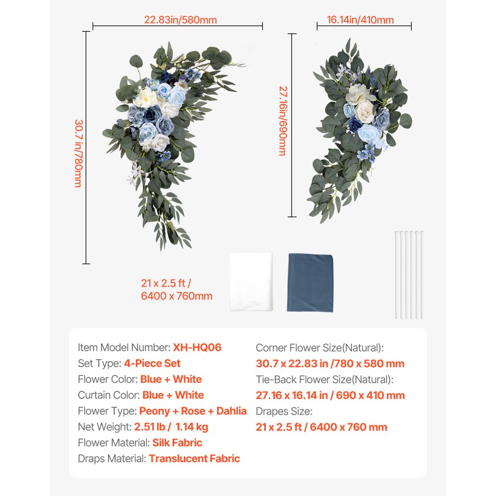 VEVOR Artificial Wedding Arch Flowers Kit, Blue Wedding Arch Flowers with Drapes Kit (Pack of 4) - 2 Pcs Floral Arrangement, 2 Pcs Sheer Drapes, for Ceremony Bouquets Reception Backdrop Decoration