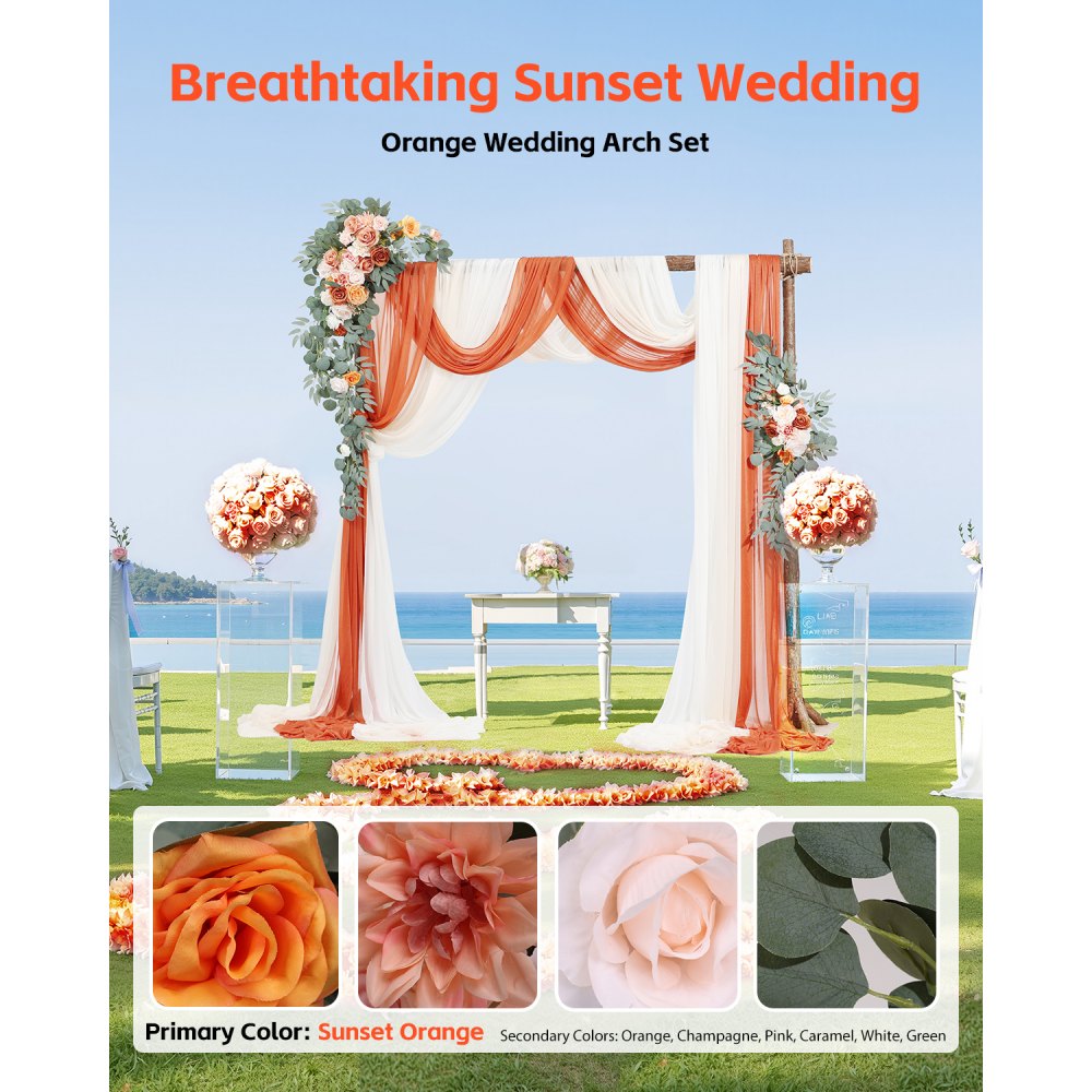 VEVOR Artificial Wedding Arch Flowers Kit, Orange Wedding Arch Flowers with Drapes Kit (Pack of 5) - 2 Pcs Floral Arrangement, 3 Pcs Sheer Drapes, for Ceremony Bouquets Reception Backdrop Decoration