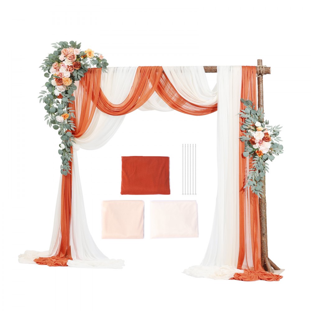 VEVOR Artificial Wedding Arch Flowers Kit, Orange Wedding Arch Flowers with Drapes Kit (Pack of 5) - 2 Pcs Floral Arrangement, 3 Pcs Sheer Drapes, for Ceremony Bouquets Reception Backdrop Decoration