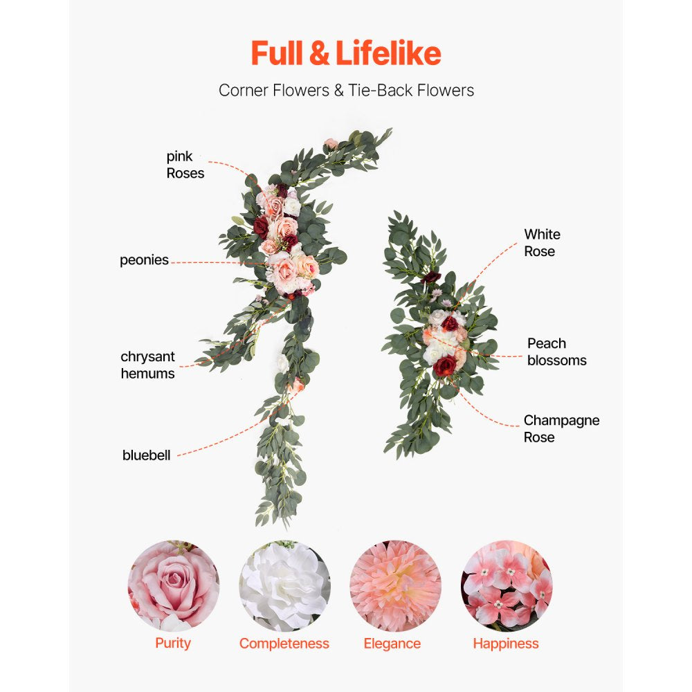 VEVOR Artificial Wedding Arch Flowers Kit, Pink Wedding Arch Flowers with Drapes Kit (Pack of 5) - 2 Pcs Floral Arrangement, 3 Pcs Sheer Drapes, for Ceremony Bouquets Reception Backdrop Decoration