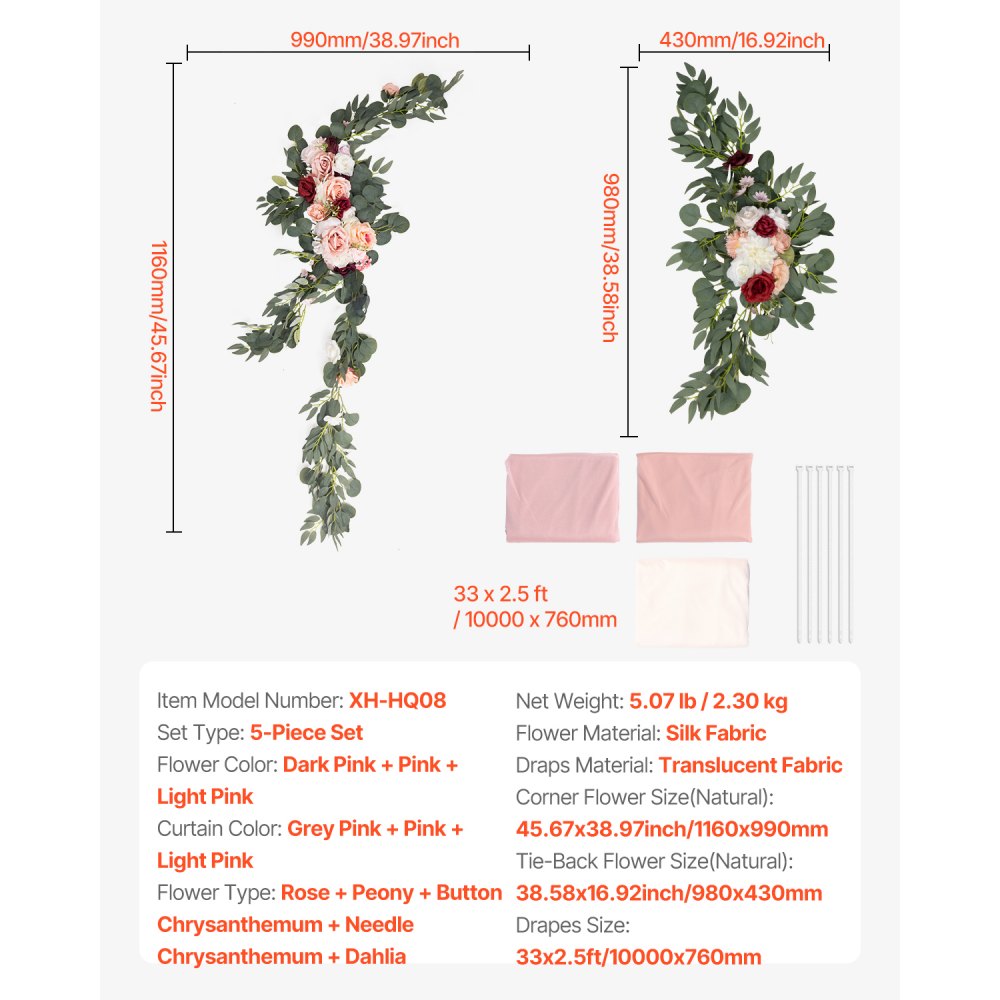 VEVOR Artificial Wedding Arch Flowers Kit, Pink Wedding Arch Flowers with Drapes Kit (Pack of 5) - 2 Pcs Floral Arrangement, 3 Pcs Sheer Drapes, for Ceremony Bouquets Reception Backdrop Decoration