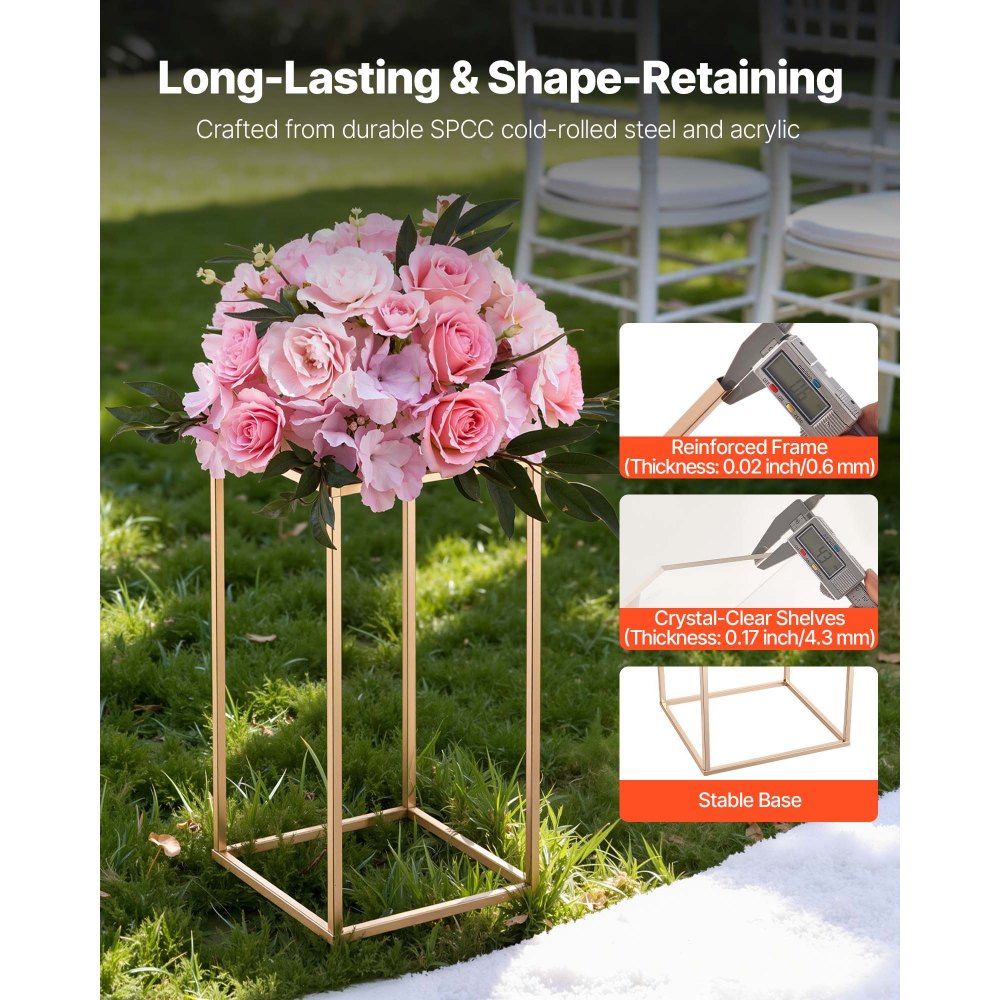 VEVOR Wedding Flower Stand, 10PCS 15.75-inch Column Flower Stand, Floral Stands with Acrylic Laminate, Gold Rectangular Floral Display Rack for Wedding, Party, Birthday, Home,  Gold Centerpiece Stands