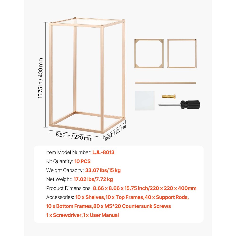 VEVOR Wedding Flower Stand, 10PCS 15.75-inch Column Flower Stand, Floral Stands with Acrylic Laminate, Gold Rectangular Floral Display Rack for Wedding, Party, Birthday, Home,  Gold Centerpiece Stands